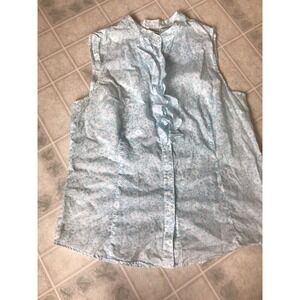 LL Bean Turquoise and White Floral Print Ruffled Tank size Large Cotton